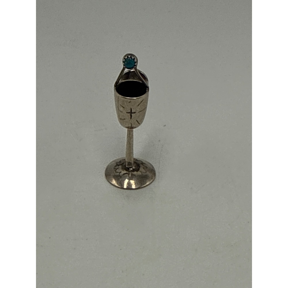 Sterling Silver Chalice Lapel Pin Turquoise Stone Southwest Cross Goblet Vintage